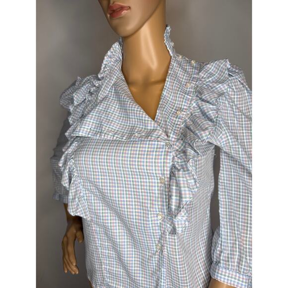 Vintage 1980s Stuart Lang Ruffle blue white Plaid High Neck Prairie Blouse small - Picture 6 of 16